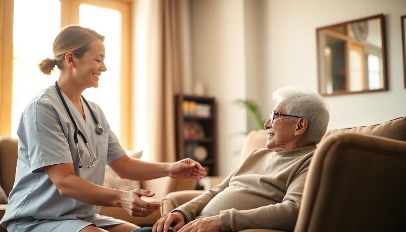 Engaged caregiver providing in home care austin tx for an elderly individual, showcasing warmth and comfort.