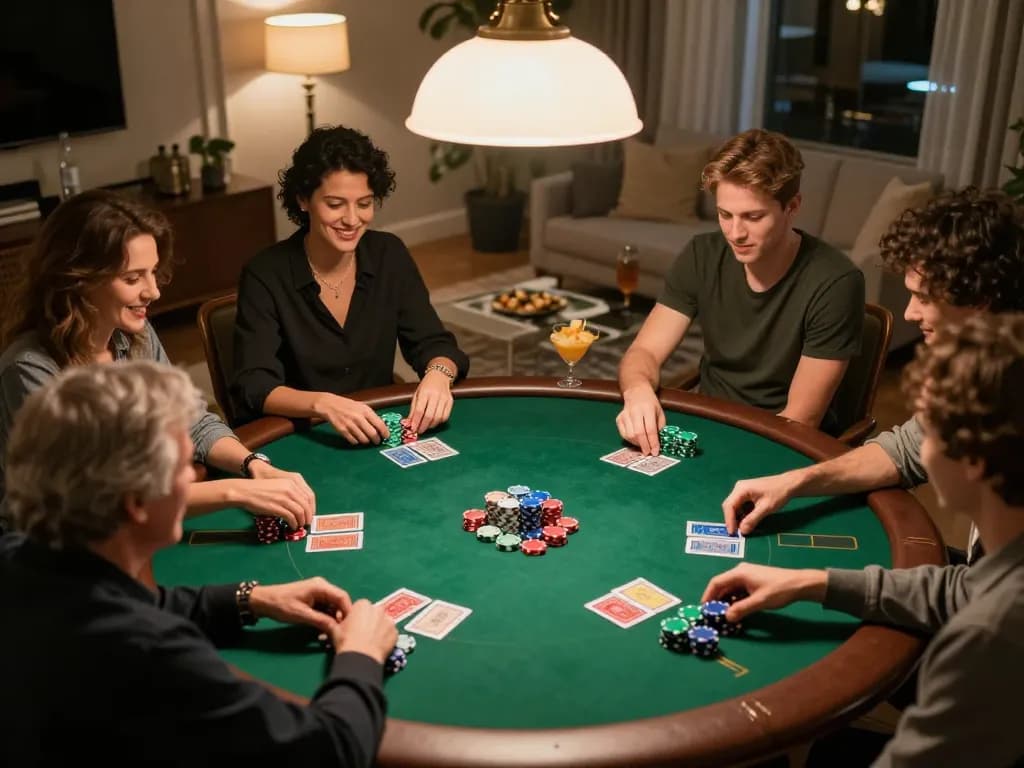 Friends engaged in an exciting home poker game featuring fb88 đăng nhập with colorful chips and strategic gameplay.