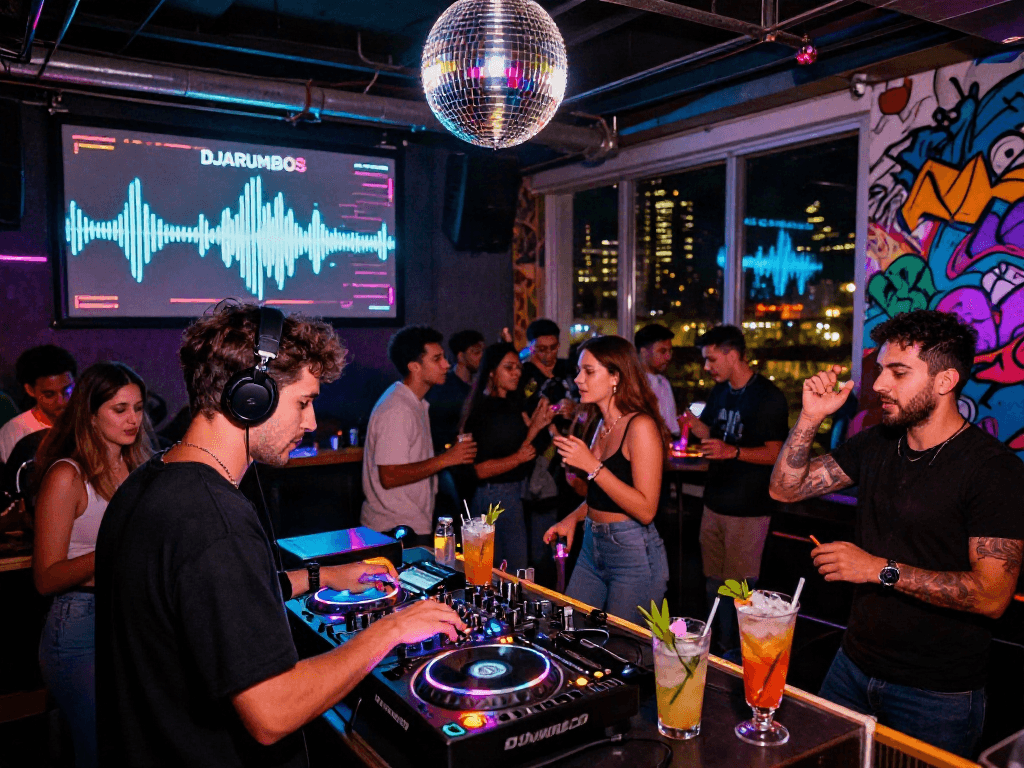 Vibrant DJARUMBOS nightlife scene with DJ mixing tracks in energetic crowd under neon lights.