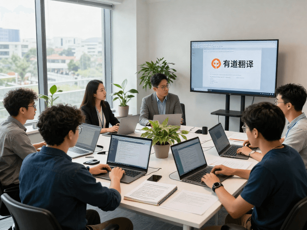 在现代翻译办公室中，团队正在使用有道翻译进行协作，展示多样化的翻译工具和自然光照的环境。