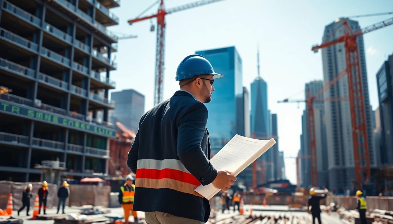 New York City Construction Manager leading a construction project with cranes and workers in a vibrant urban setting.
