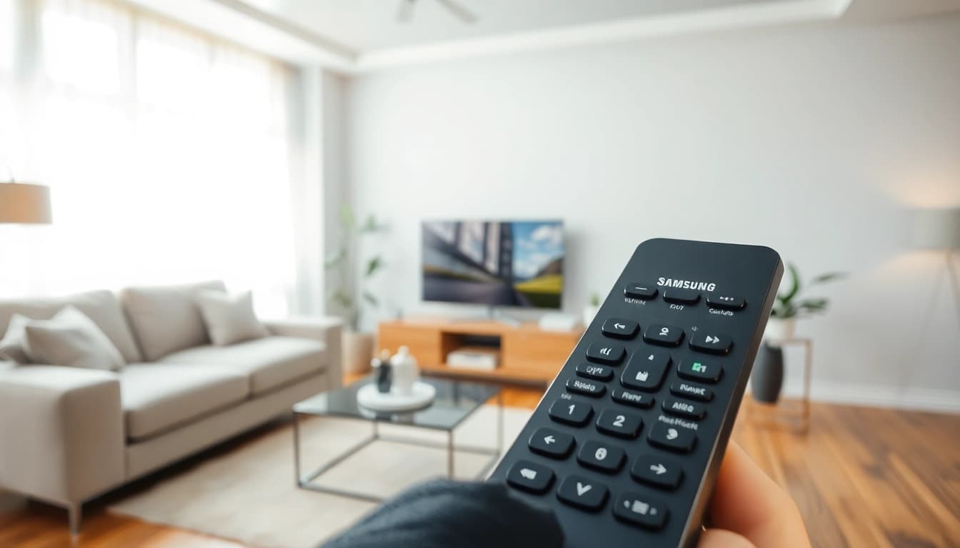 Fernbedienung Samsung mit Sprachsteuerung in einer modernen Wohnzimmereinrichtung
