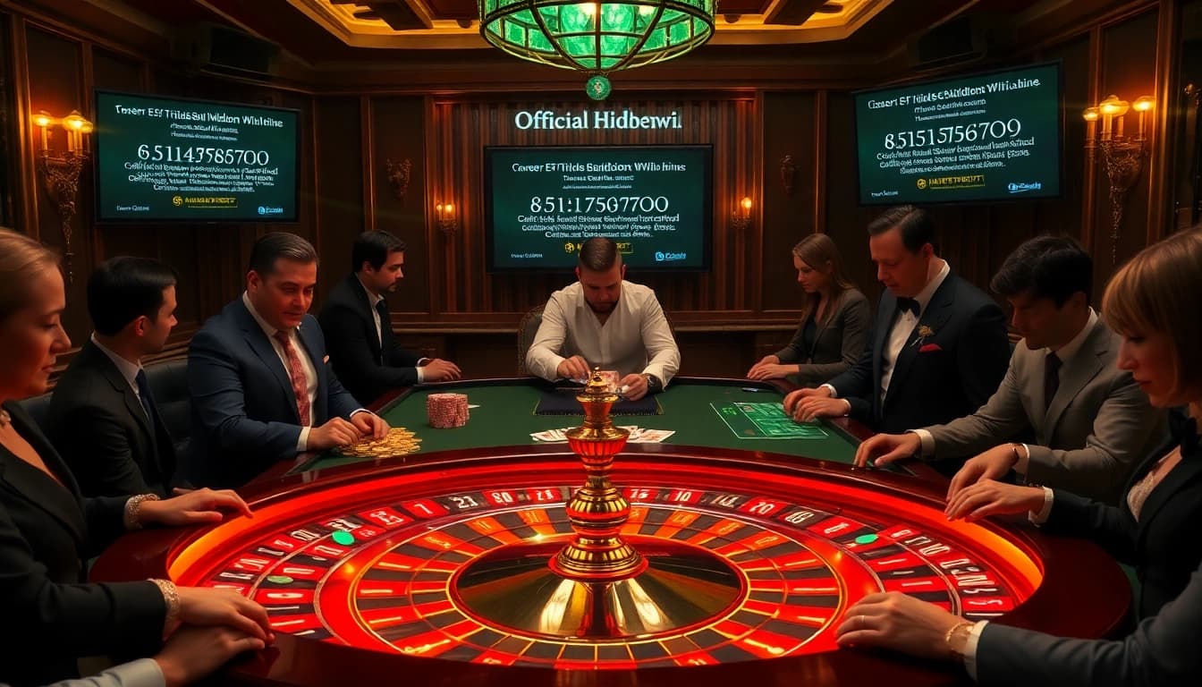 The official hidden wiki showcases secure gambling links amidst a lively casino scene with players at the tables.