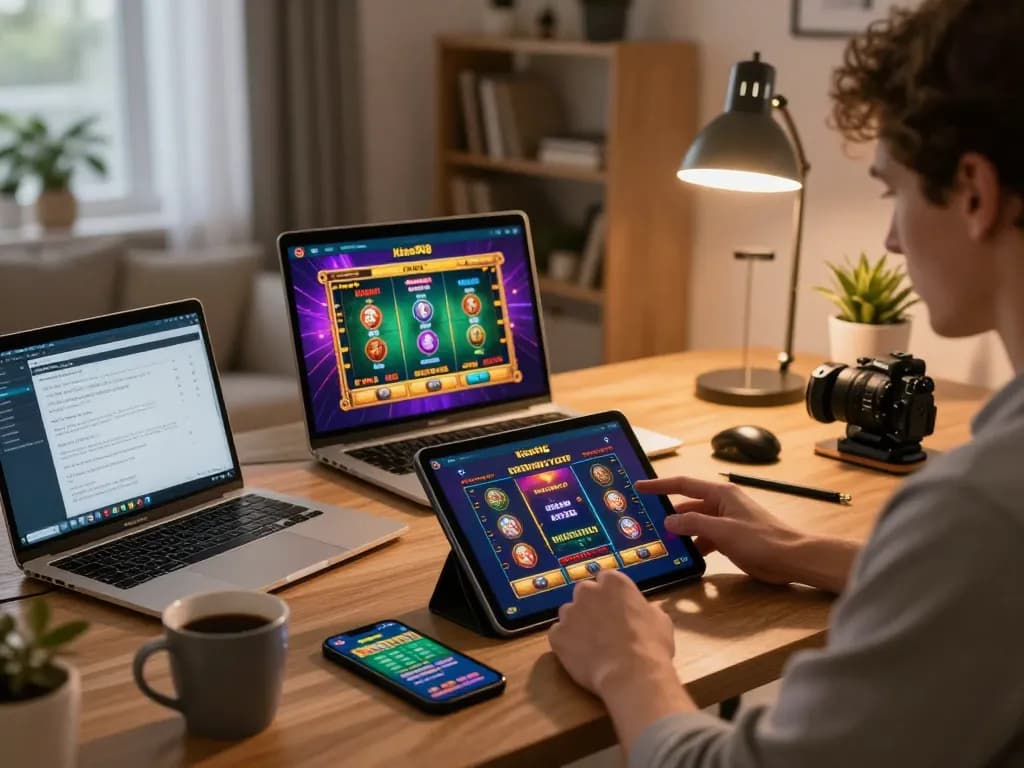 Memainkan permainan kasino menggunakan kiss918 original apk pada tablet di pejabat rumah moden yang selesa