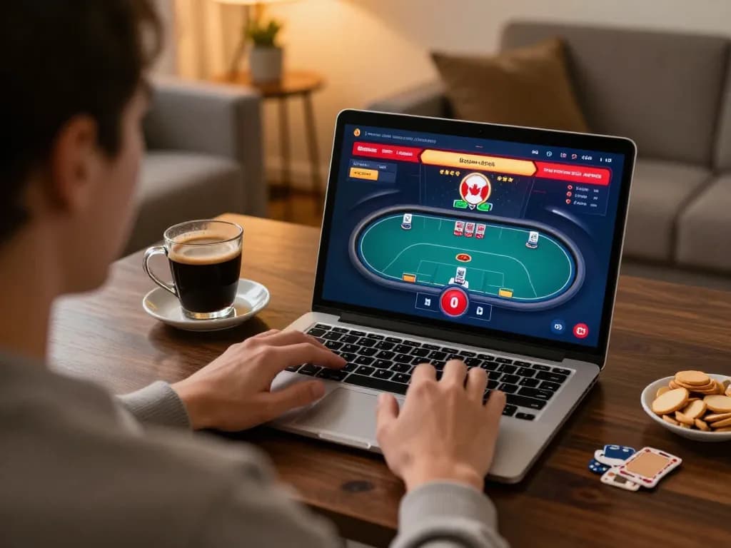 Engaging in online casinos Canada from home with a poker game on laptop.