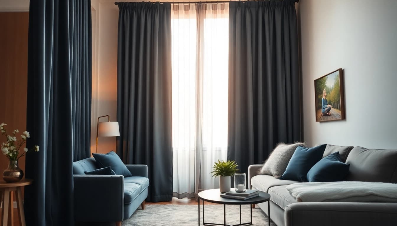 Verduisterende gordijnen in een stijlvolle woonkamer, die comfort en privacy bieden.