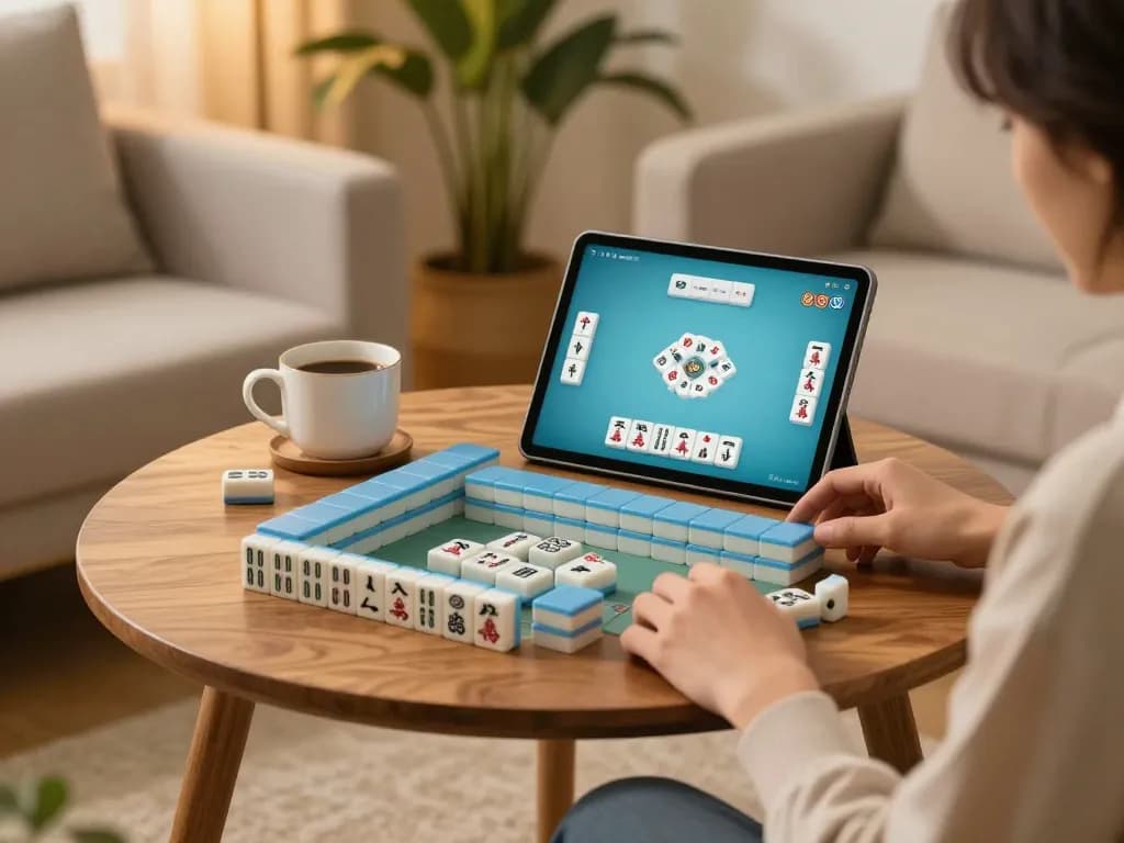 Playing mahjong online on a tablet in a cozy home setting with warm lighting