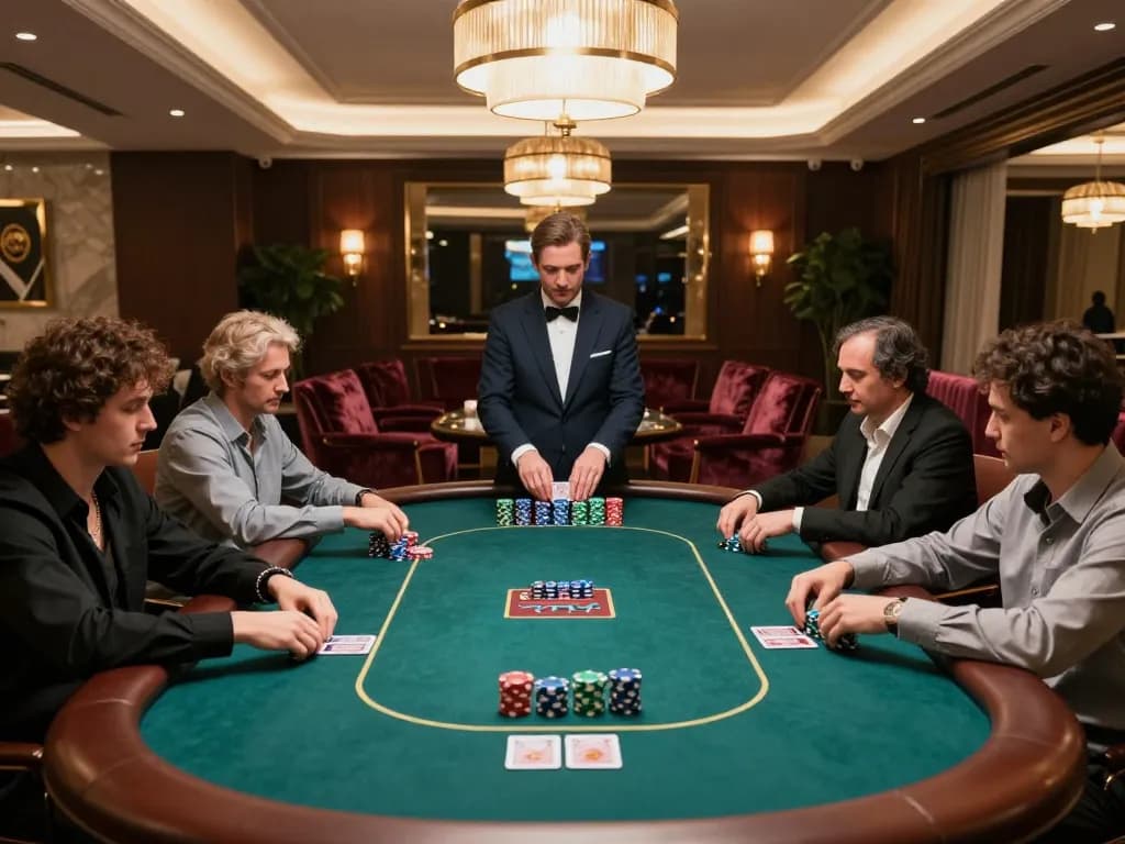 Players at vipwin poker table engage in strategic gameplay with colorful chips stacked