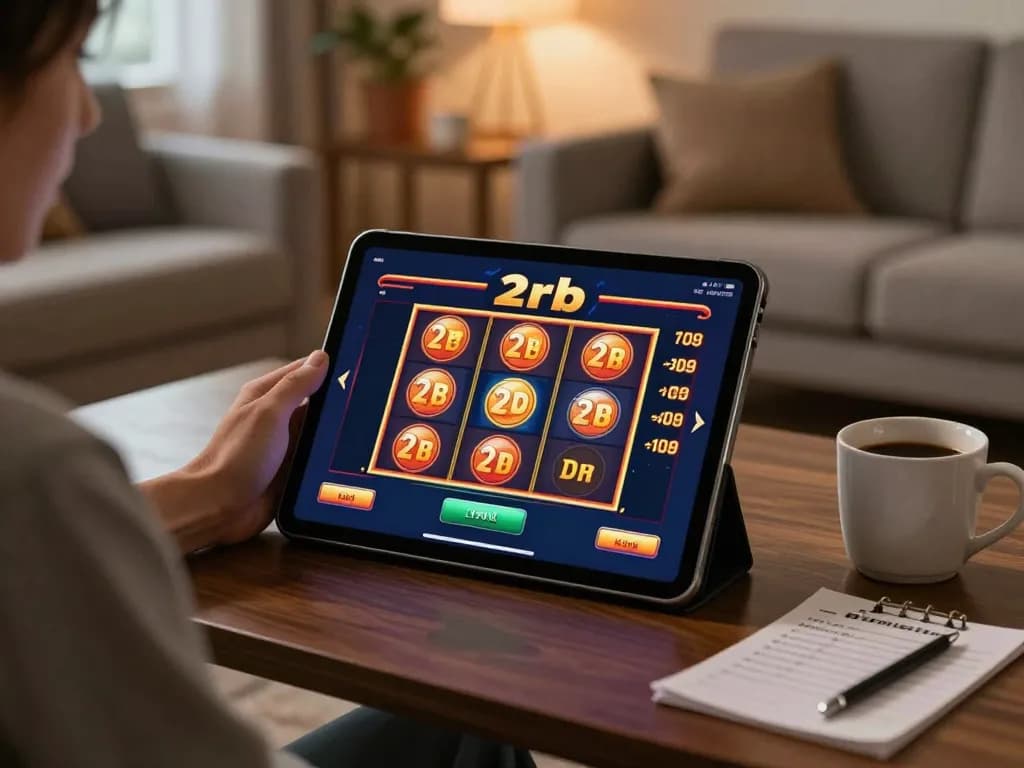Engaging in slot deposit 2rb gaming on a tablet in a cozy home setting with strategic notes displayed.