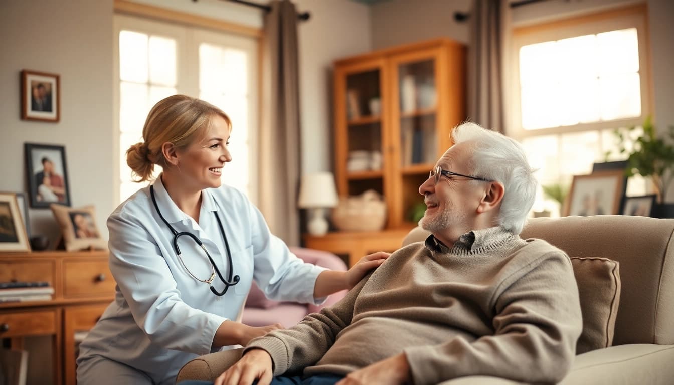 Engaging interaction in home senior care, highlighting caregiver and elderly man's connection.