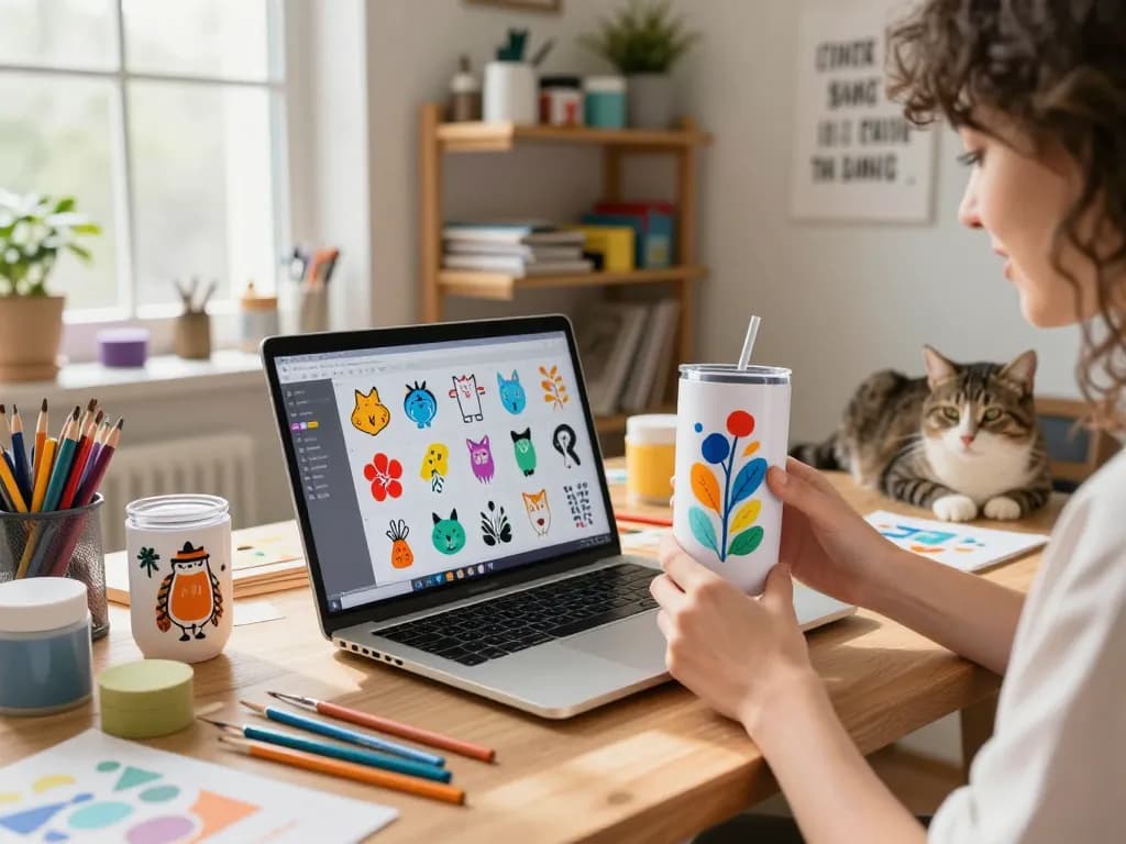 Crafting SVG bundle designs on tumbler in a vibrant studio.