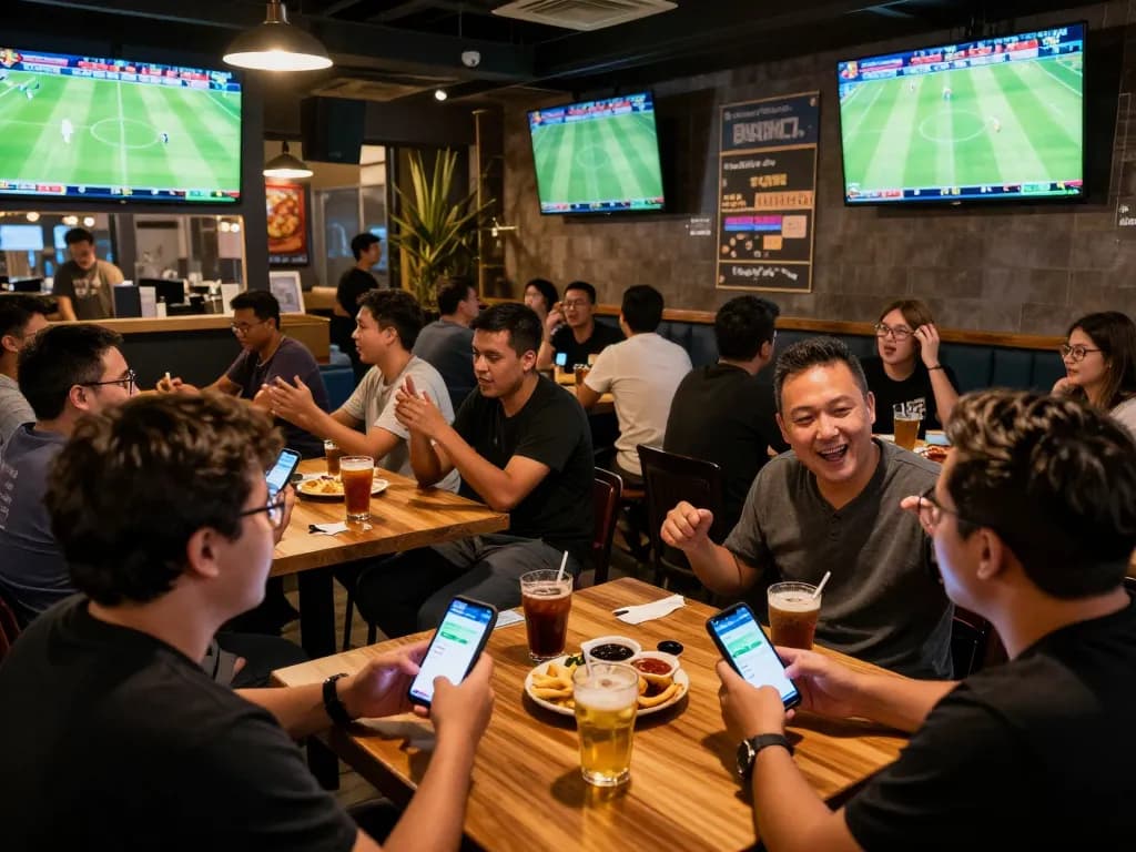 Fans engaging in live sports betting with Keonhacai app in a lively sports bar