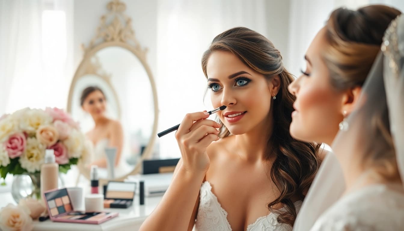 Northern Virginia makeup artist applying makeup to a bride in a bright and elegant setting.
