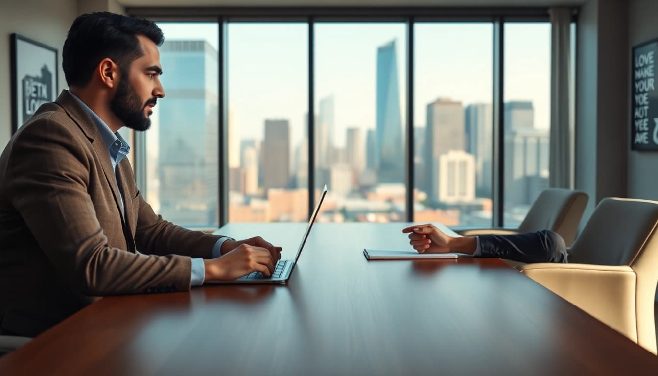 Corporate coach discussing strategies with a client in a modern office environment.
