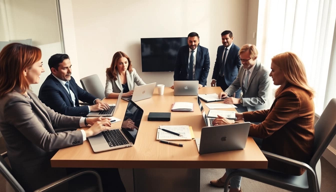 M&A & incorporation lawyers Gurgaon collaborating in a professional office setting, showcasing teamwork and legal expertise.