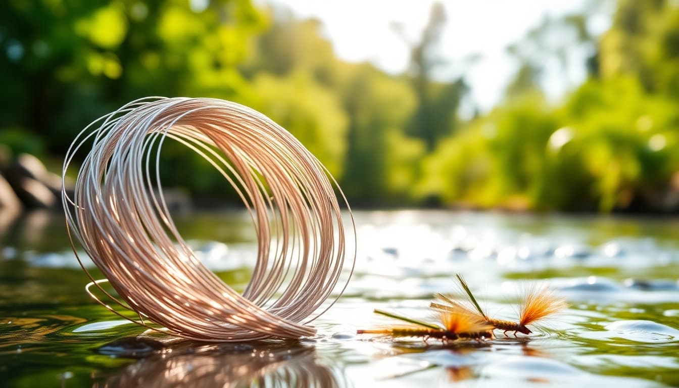 Showcasing a fly fishing tippet coiled elegantly by the river, highlighting its smooth texture and connection to fly fishing.