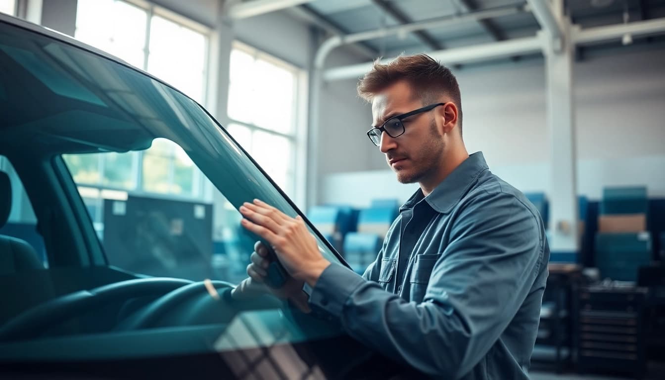 Inspecting Lifetime warranty auto glass Denver in a bright workshop with a focused technician.