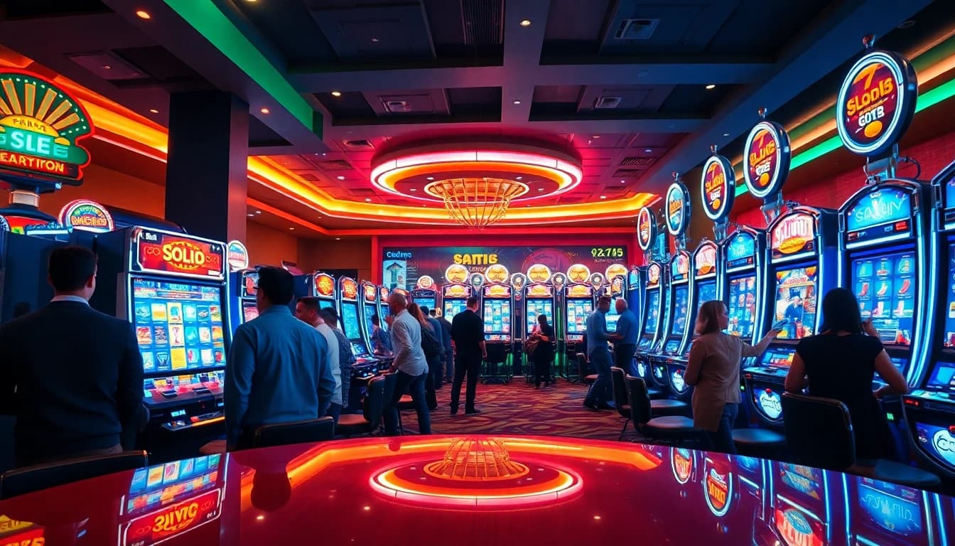 Menangkan permainan slot88 di mesin slot dengan latar penuh warna dan suasana meriah.