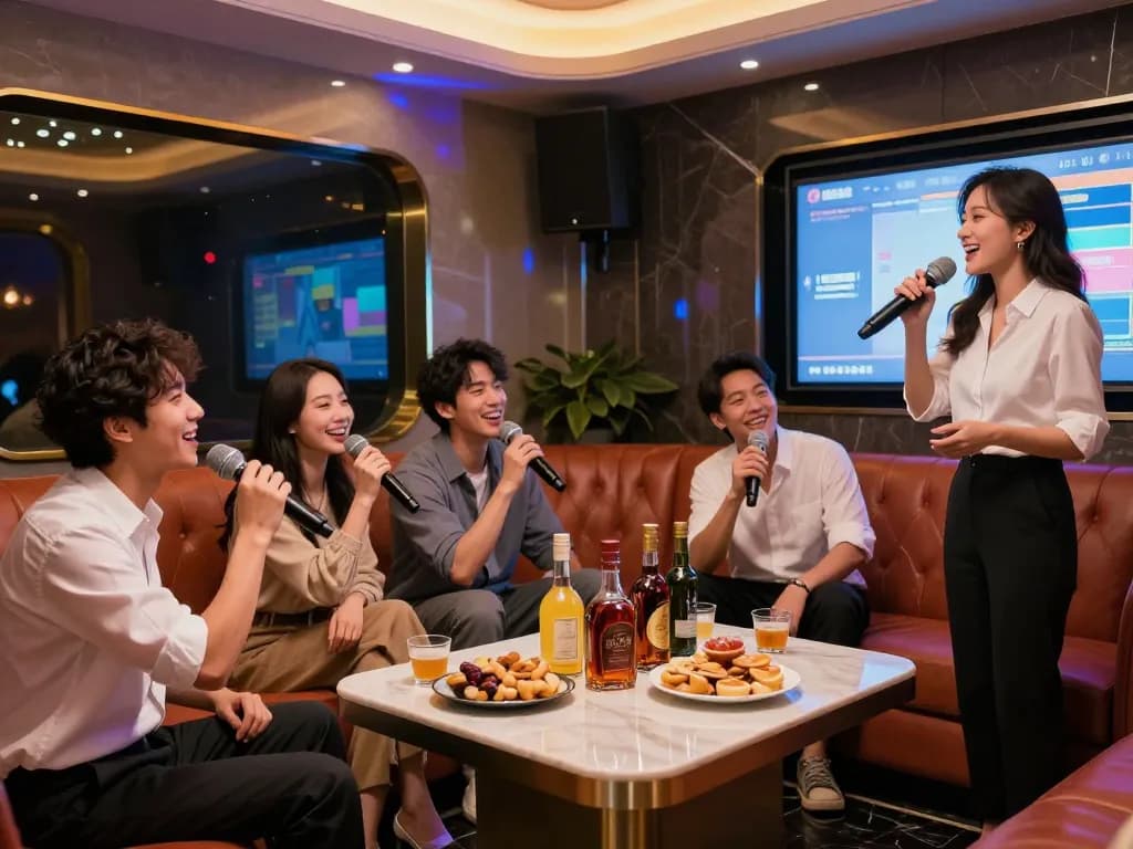 A lively karaoke night at https://www.gangnamtune.com with friends singing, colorful lights, and premium drinks in a luxurious setting.