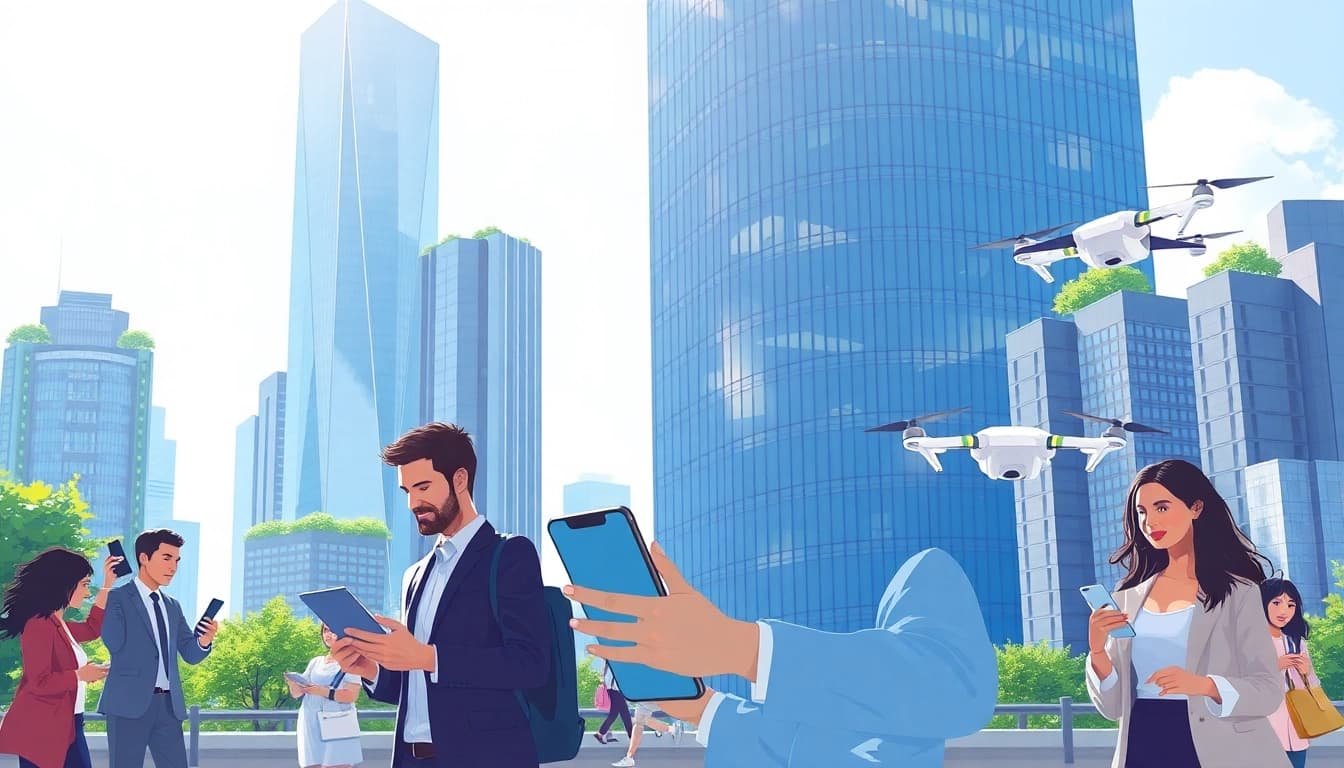 Engaging representation of Technology through innovative urban landscape and professionals interacting.