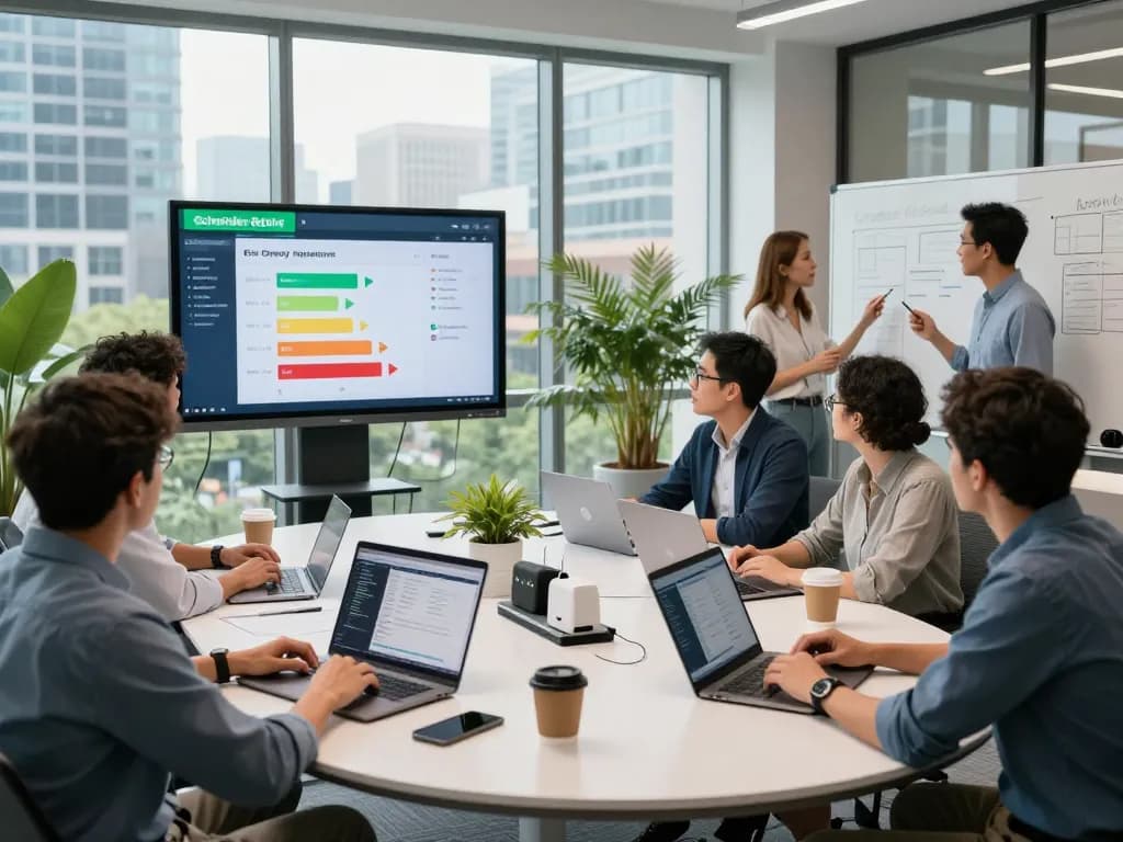 Team collaborating on Schneider Electric energy management solutions in a modern office space.