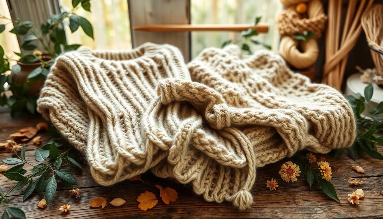 Showcase handcrafted garments from https://www.ound-ound.com with rich textures and natural elements.