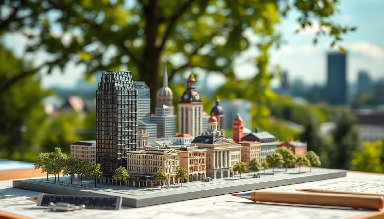 Modell von architekturmodellbau Stuttgart mit detaillierter Skyline und grünen Akzenten.