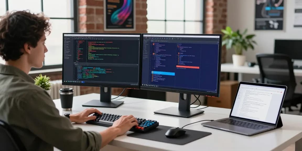 Professional coding workspace illustrating a developer using dual monitors and collaboration tools, showcasing the essence of 纸飞机官网 in a tech environment.