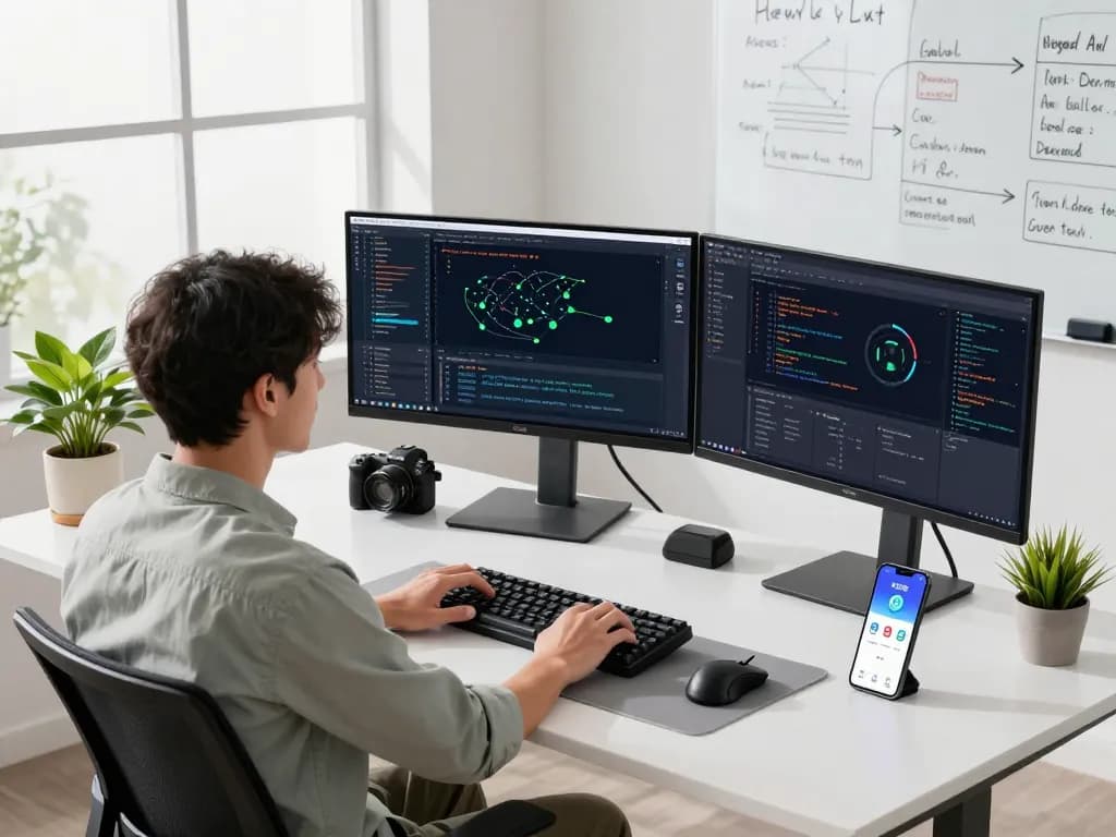 Developer optimizing 快连 network performance in modern workspace with multiple monitors and tech gadgets.
