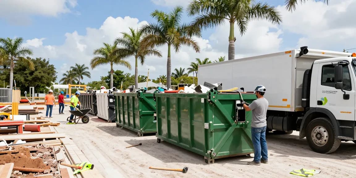 Efficient dumpster rental in Sarasora FL at a busy Fort Lauderdale construction site with a contractor overseeing roll-off deliveries