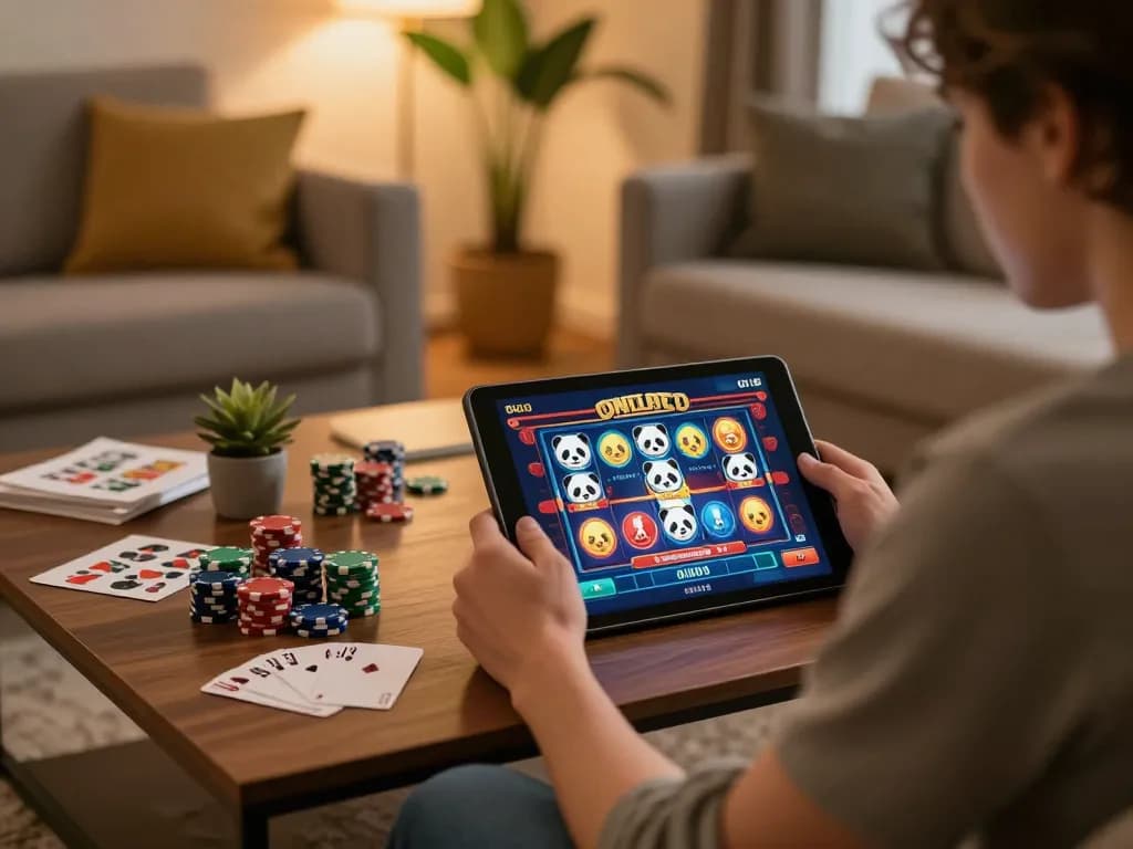 Engaged player using casino spin panda app on tablet, surrounded by poker chips and strategy notes.