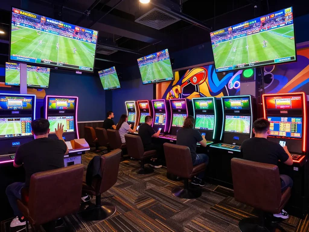 United Gaming NET88 bettors analyzing live sports odds in an upscale lounge.