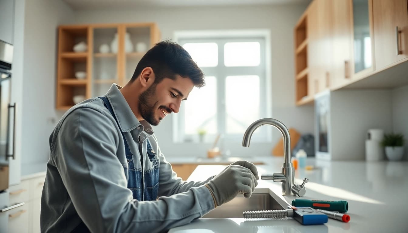 Plumber North Shore fixing a sink in a modern kitchen with tools nearby.