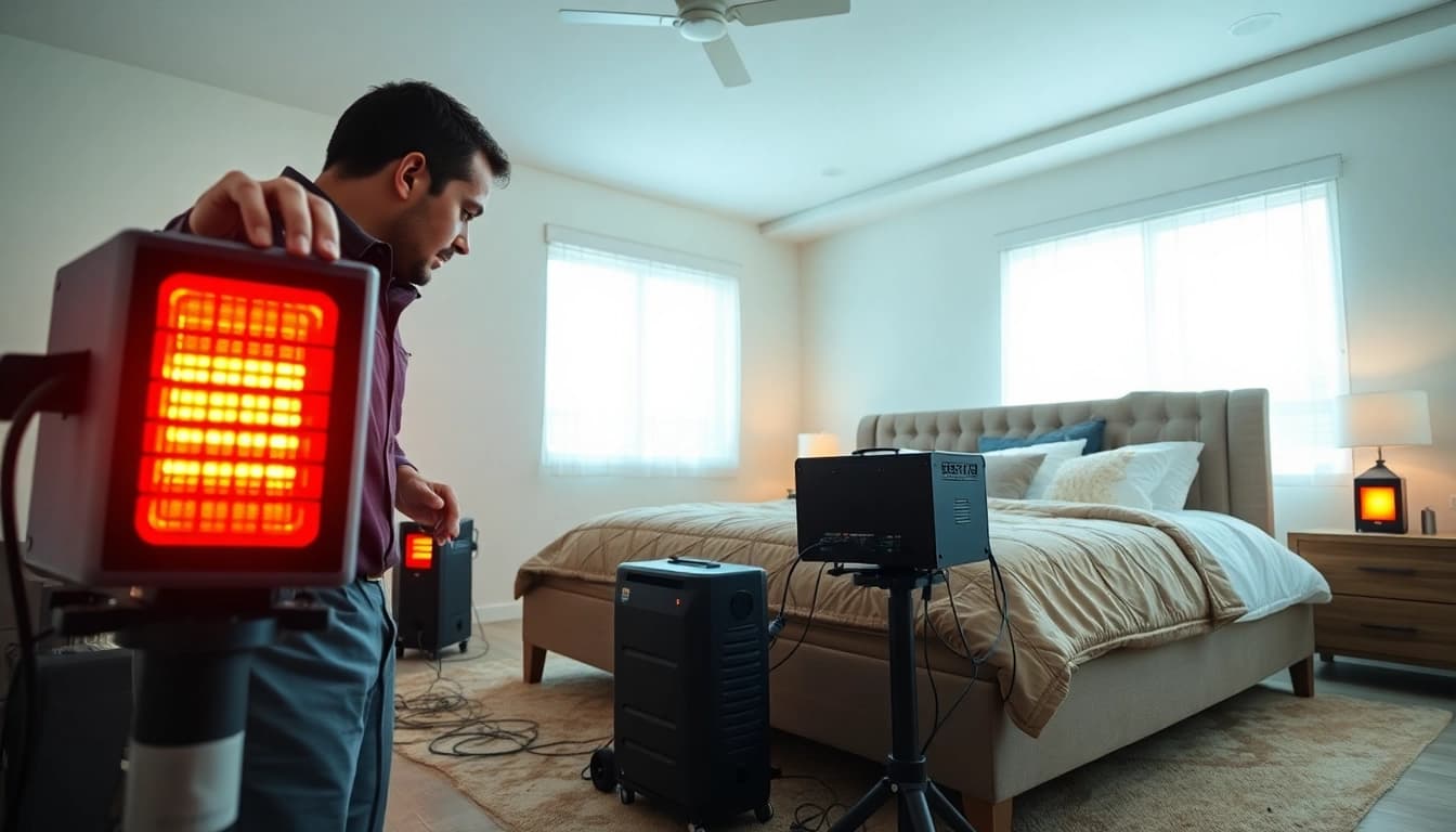 Technician conducting bed bug heat treatment with equipment in a modern bedroom.
