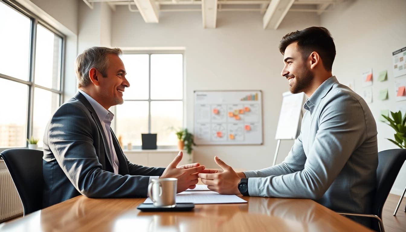 Engagement between a business coach near me and a client in a motivational office setting.
