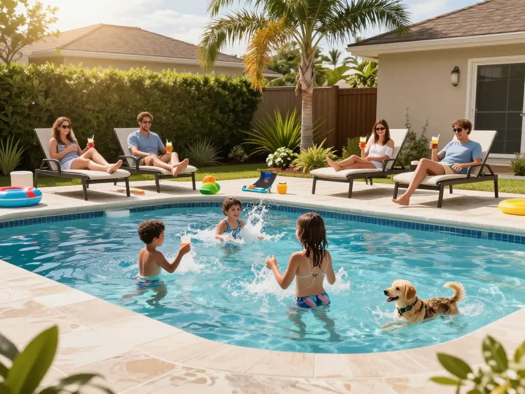 Dolphin Pool Services family enjoying a clean pool in a sunny backyard, showcasing professional pool care.