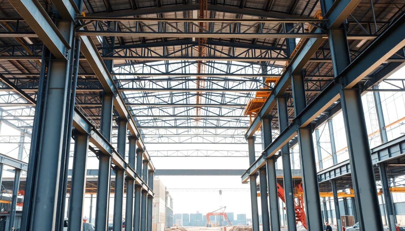 Showcasing steel structure design with intricate beams and columns in a professional construction setting.