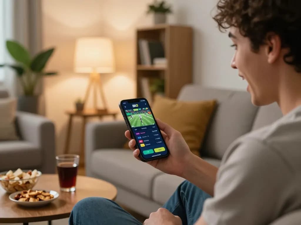 Person betting on BK8 mobile app in a cozy living room setting.