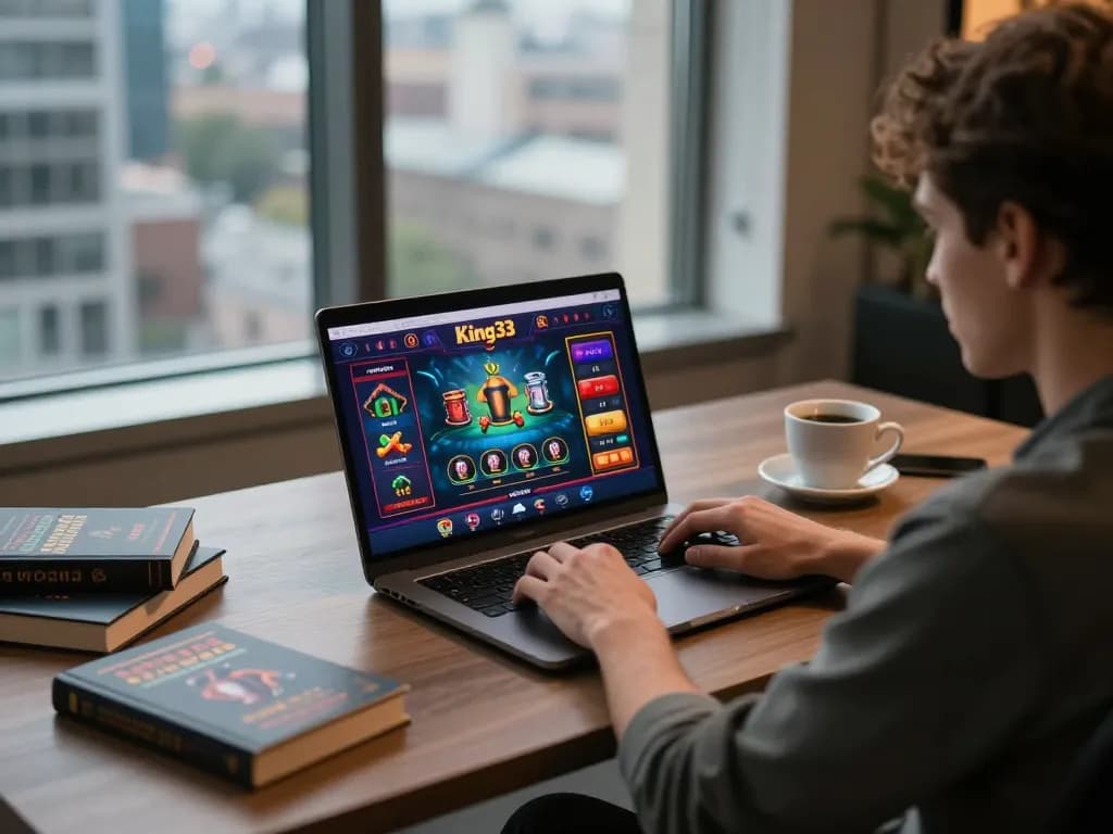 Player enjoying online casino games on King33, showcasing a strategic setup with laptop and betting notes.