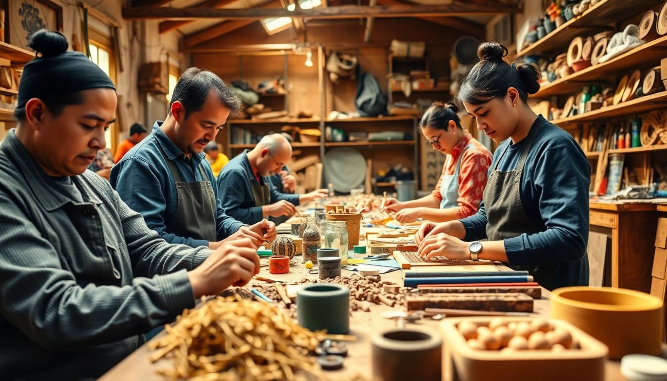 Craft training programs featuring artisans actively creating in a vibrant workshop setting