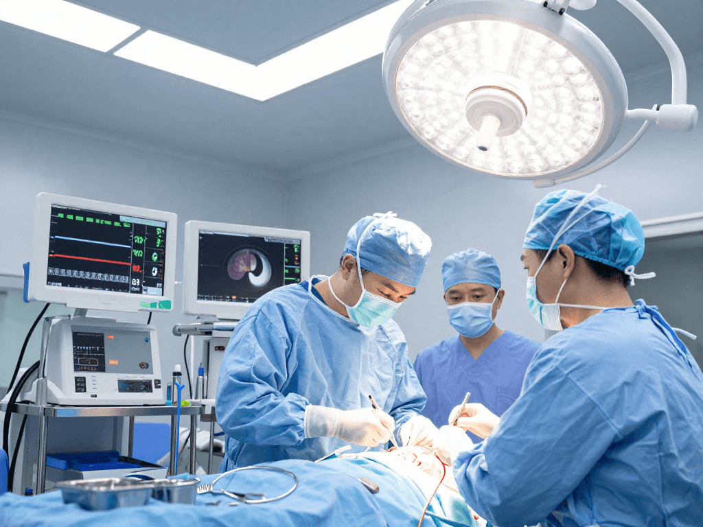 Engaged surgical team performing beyin tümörü ameliyatı in a bright operating room, demonstrating expert precision and advanced technology.