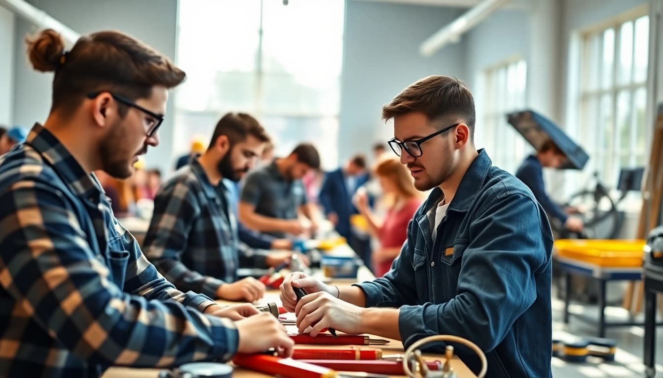 Students mastering skills at an abc trade school through hands-on training in a bright classroom.
