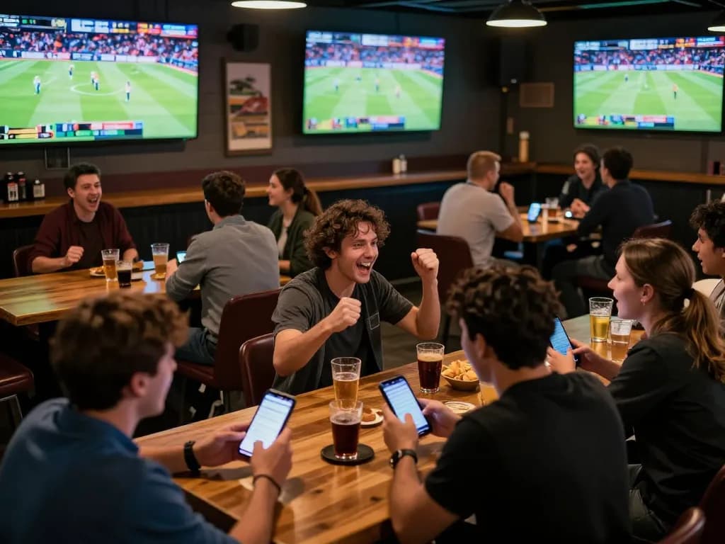 Cakhia tv fans celebrating live sports betting excitement in a vibrant sports bar atmosphere.
