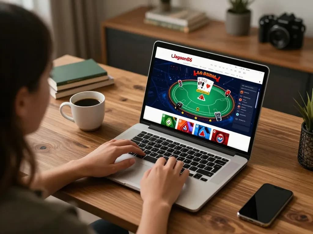 Person enjoying online poker on jagoan86 platform at home, highlighting interactive gaming