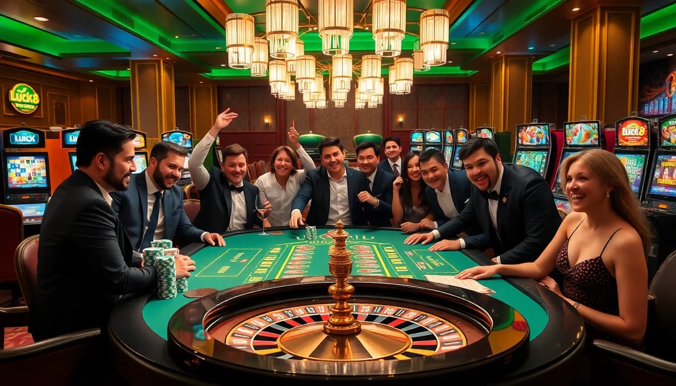 LUCK8 gaming table filled with excited players surrounded by poker chips and slot machines.