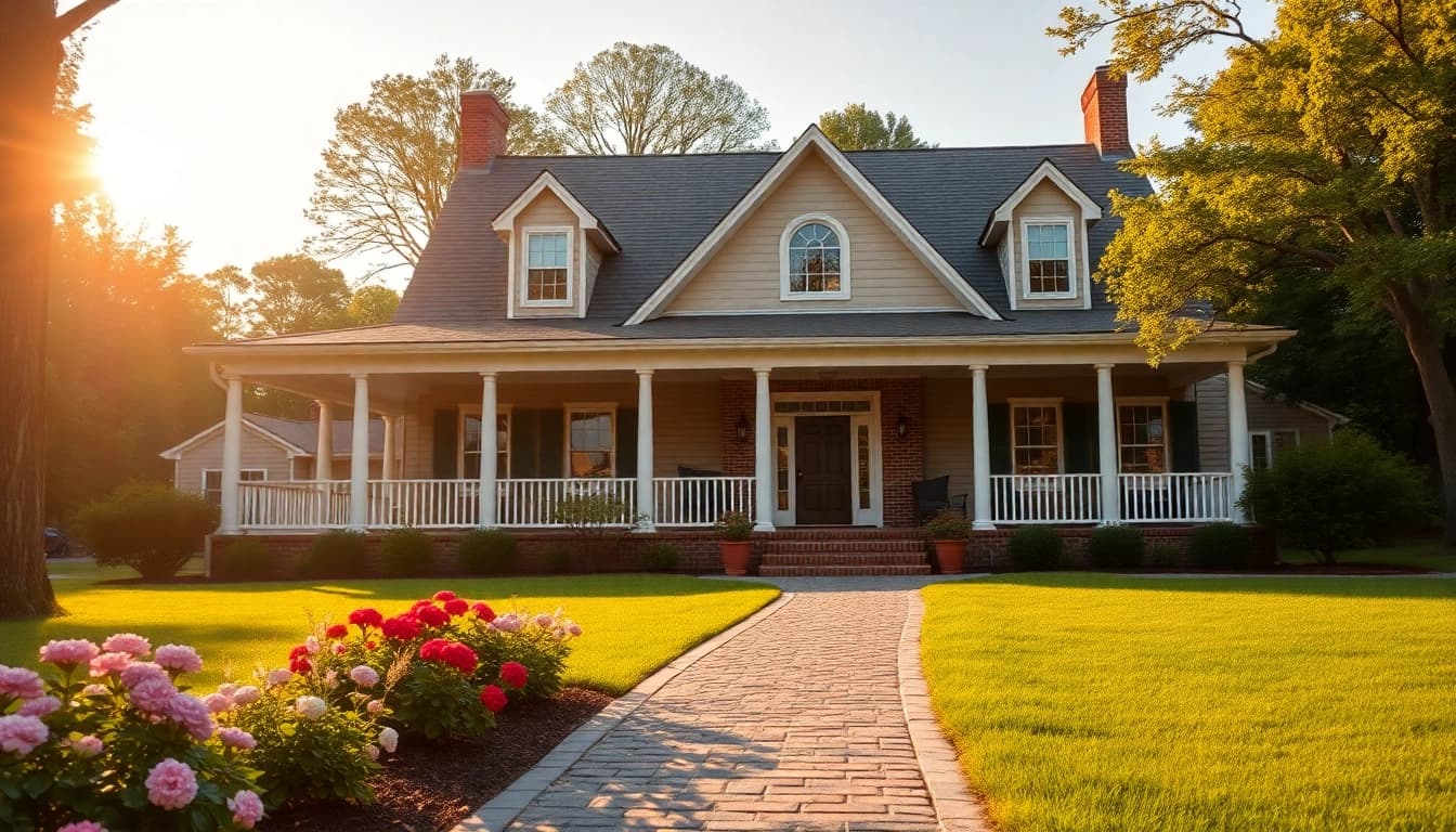 View of a luxurious colonial home build featuring a traditional porch and vibrant landscape.