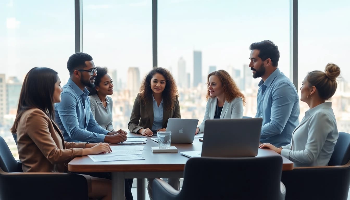 Analyzing contracts and grants through a collaborative business meeting with diverse professionals.