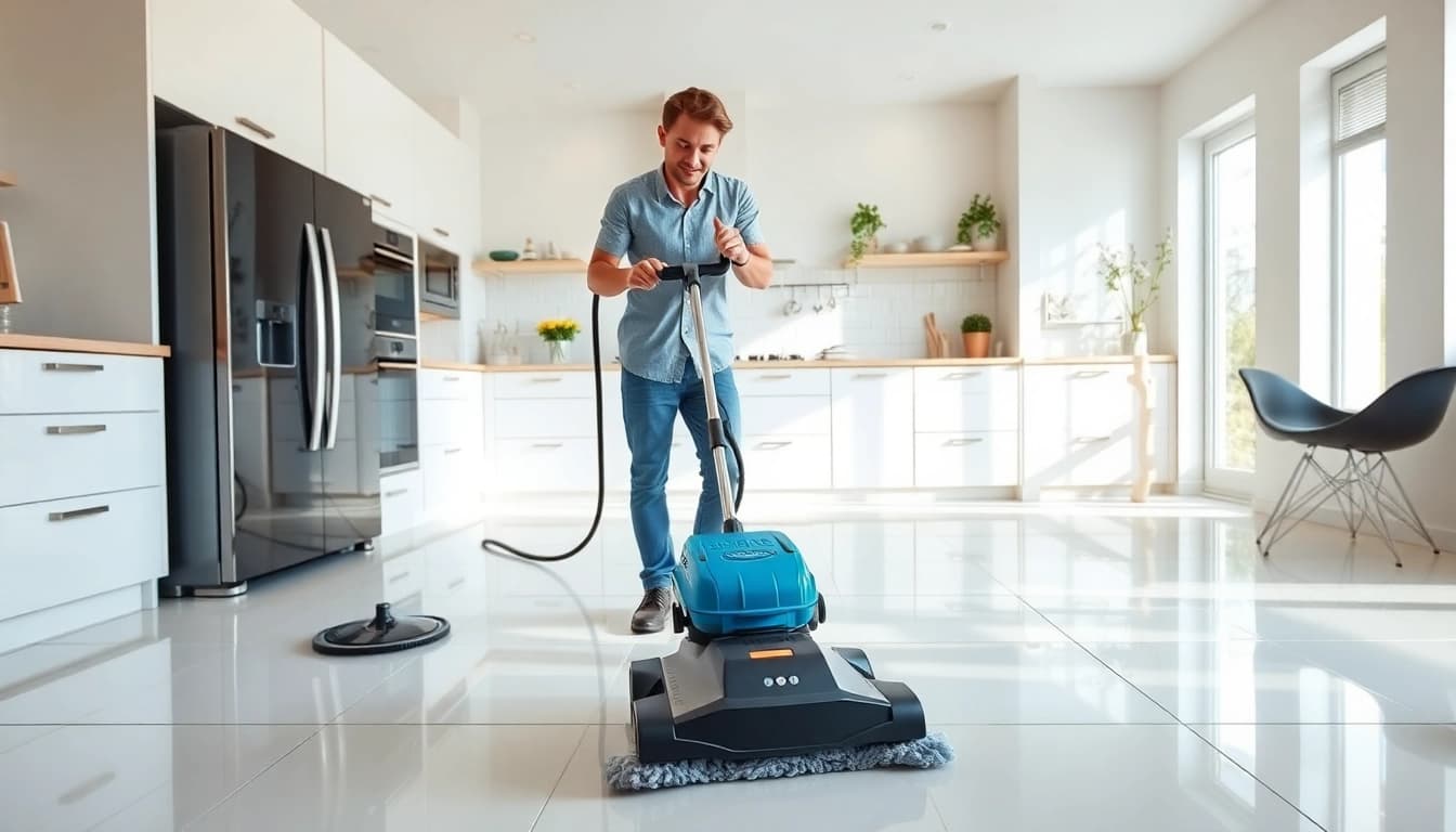 Find tile cleaners near me transforming a modern kitchen with sparkling tiles.