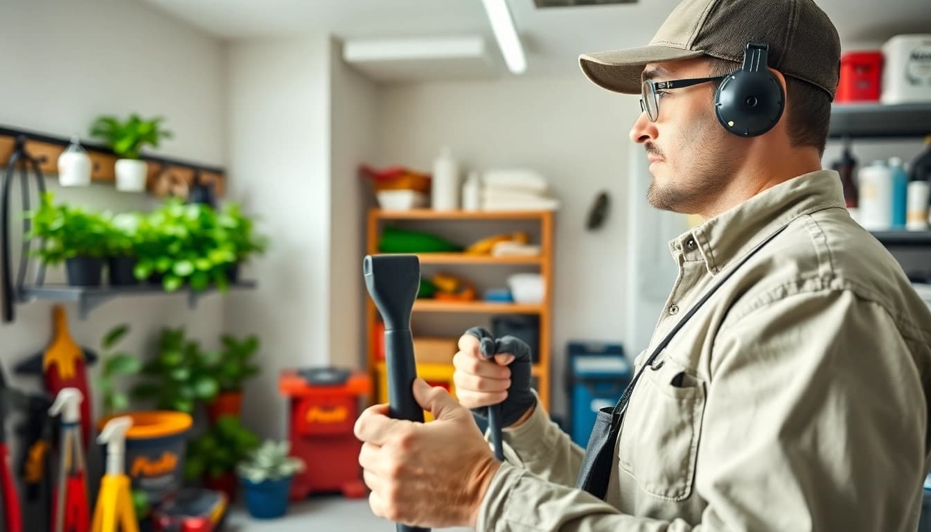 Applying garage pest treatment efficiently with expert tools in a clean garage.
