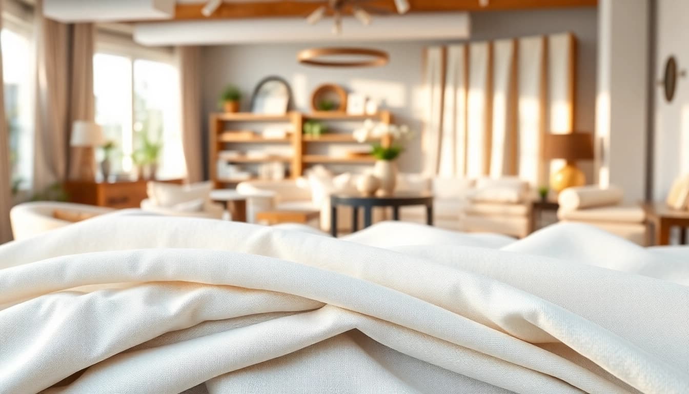 Bekijk hoogwaardige linnen stoffen in een stijlvolle showroom met diverse texturen en kleuren.